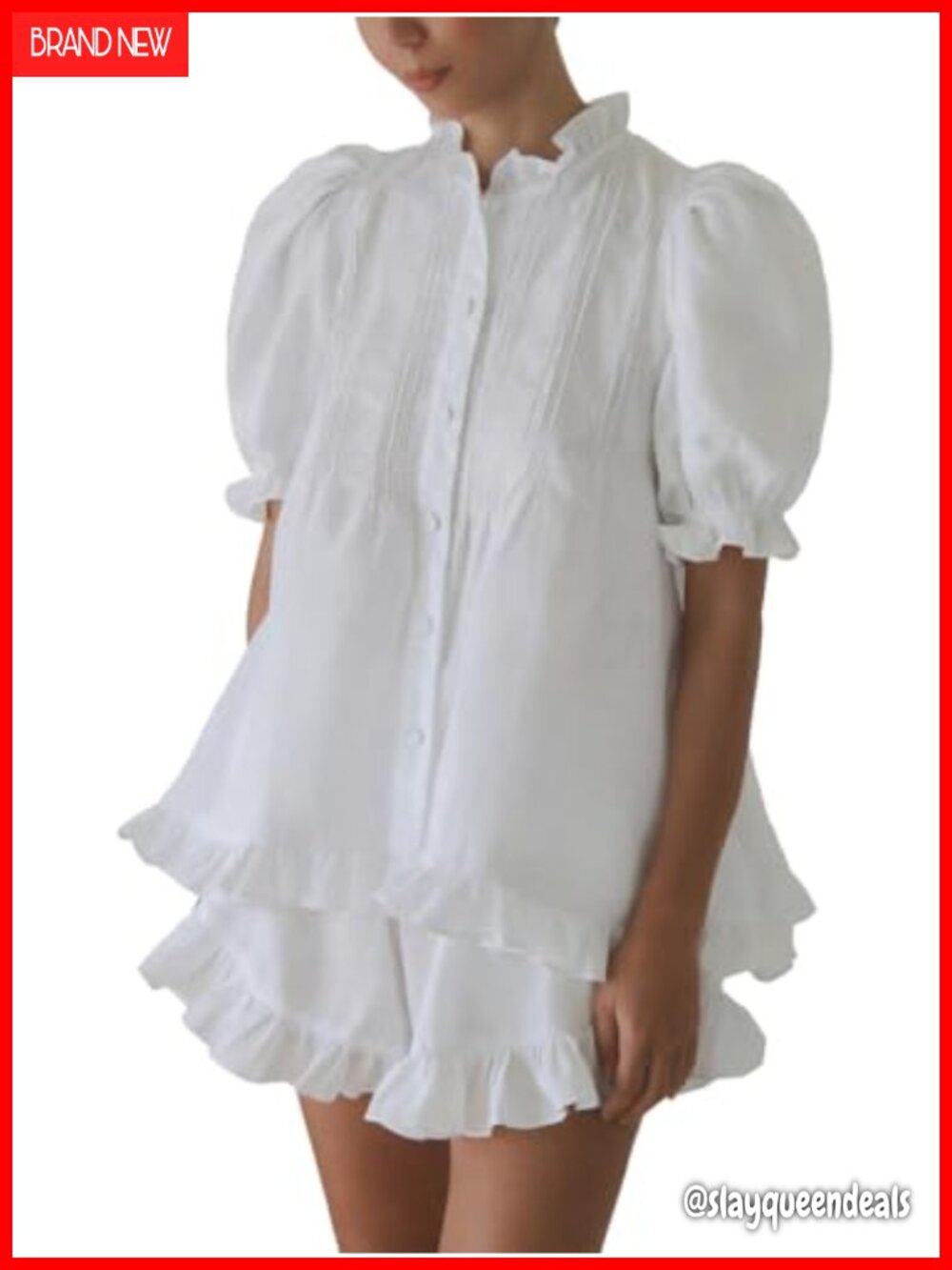 Ruffle Short Set 100% Cotton Puff Sleeve Button Down 2 Piece Outfit